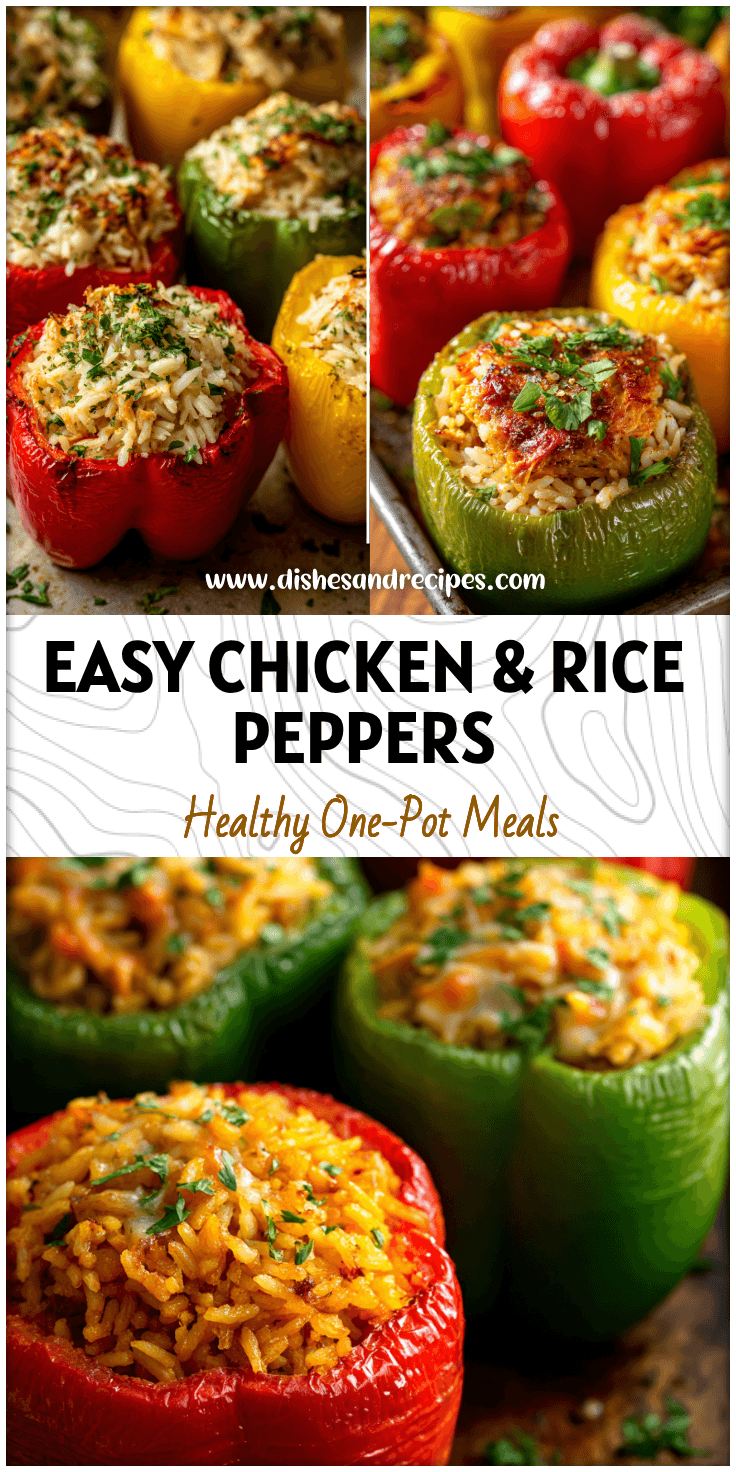 Baking tray filled with red and green bell peppers stuffed with chicken, rice, and herbs.